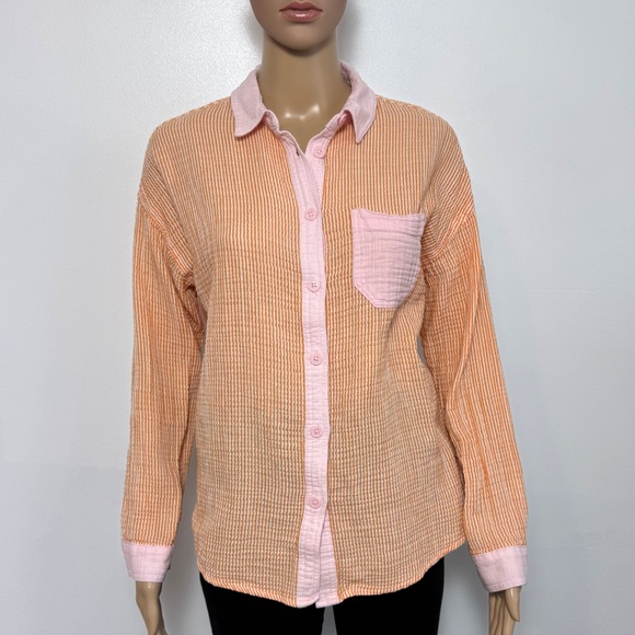 No Boundaries Gauzy 100% Cotton Orange & Pink Button-down Shirt Spring Size S - Picture 2 of 12